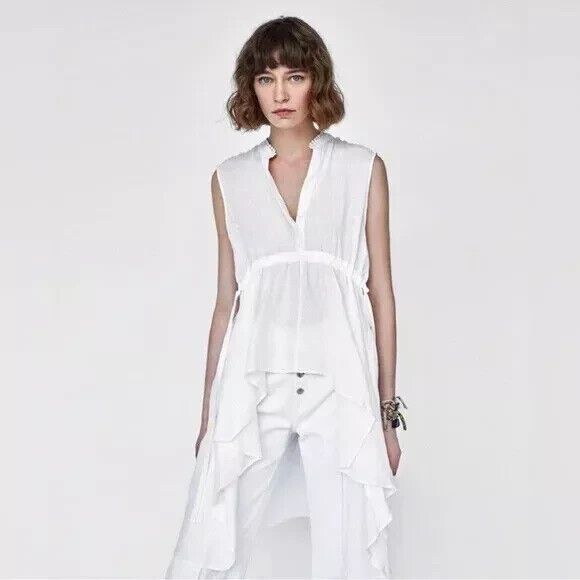 Zara Tops - Zara Woman White Asymmetric Linen Tunic Top Tie Back Hi Low Sleeveless Sz Small